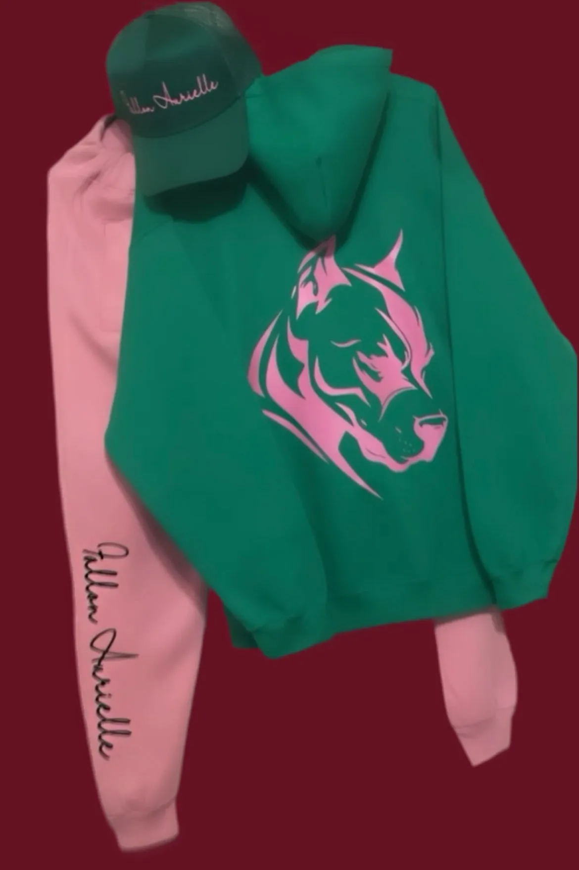 Fallon Aurielle Unisex Signature 3 Piece Spirit Animal Dog Logo Jogger Set (Kelly Green & Pink)
