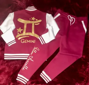 Fallon Aurielle Unisex Signature Gemini Logo & Name Zodiac Jacket Jogging Set (Burgundy, Antique Gold & Cream