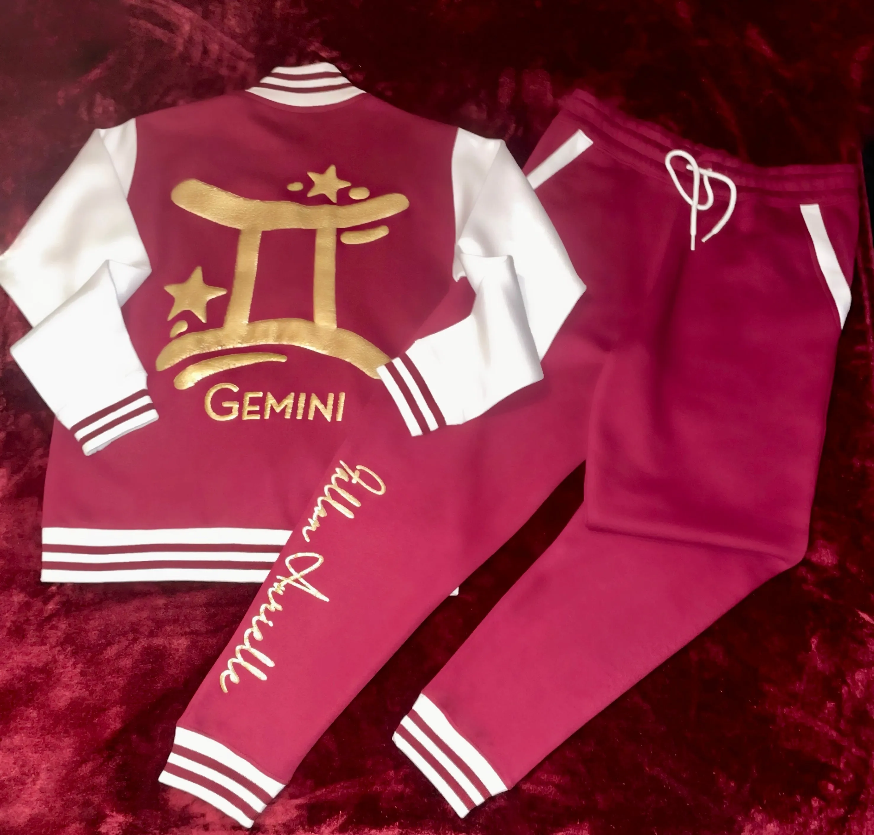 Fallon Aurielle Unisex Signature Gemini Logo & Name Zodiac Jacket Jogging Set (Burgundy, Antique Gold & Cream
