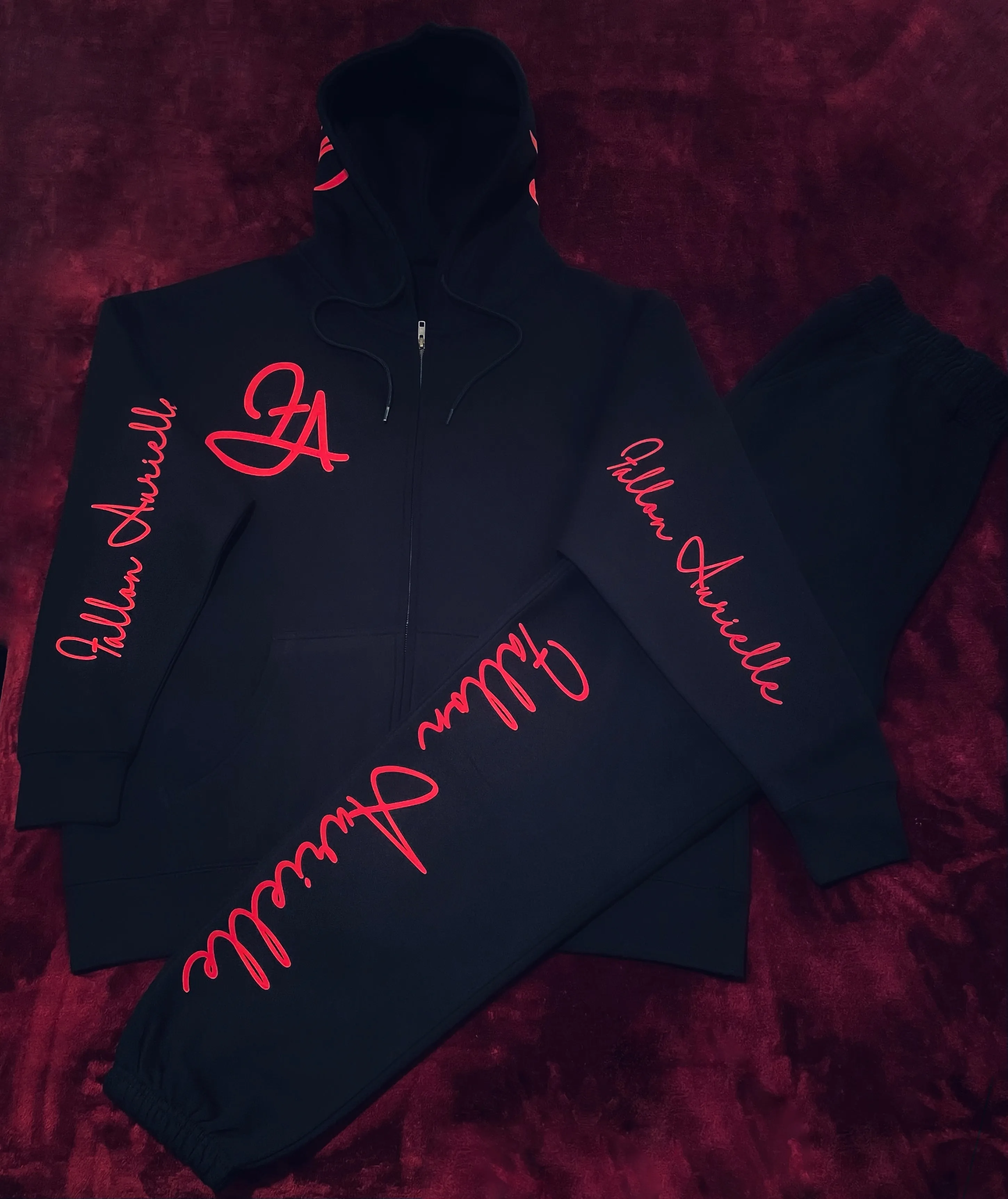 Fallon Aurielle Unisex Signature Leo Zodiac Zip Hoodie Jogging Set (Black & Red)