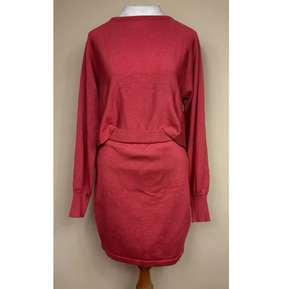 Fashion Elegant Puff Sleeve Knit Skirt Set in Rust Size Small