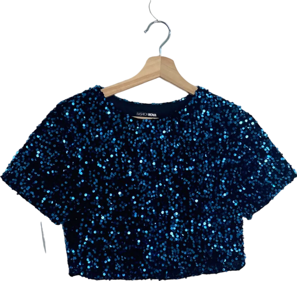 Fashion Nova Blue Sequin Short Sleeve Crop Top XS