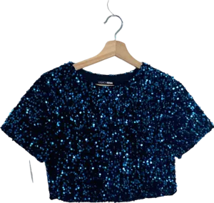 Fashion Nova Blue Sequin Short Sleeve Crop Top XS