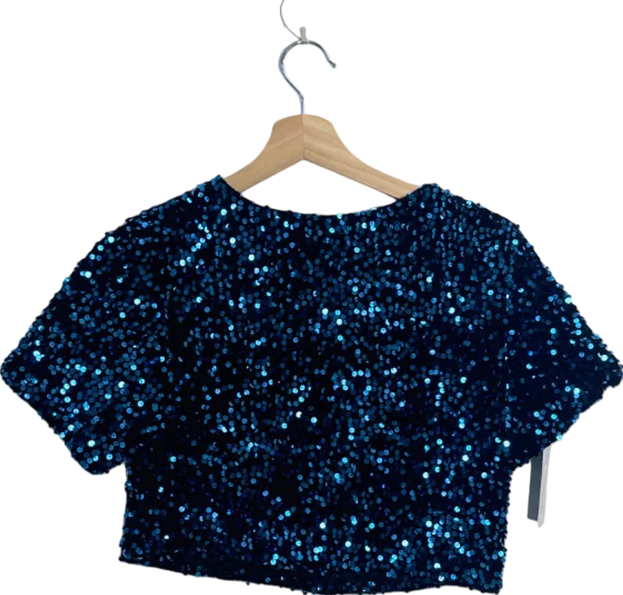 Fashion Nova Blue Sequin Short Sleeve Crop Top XS