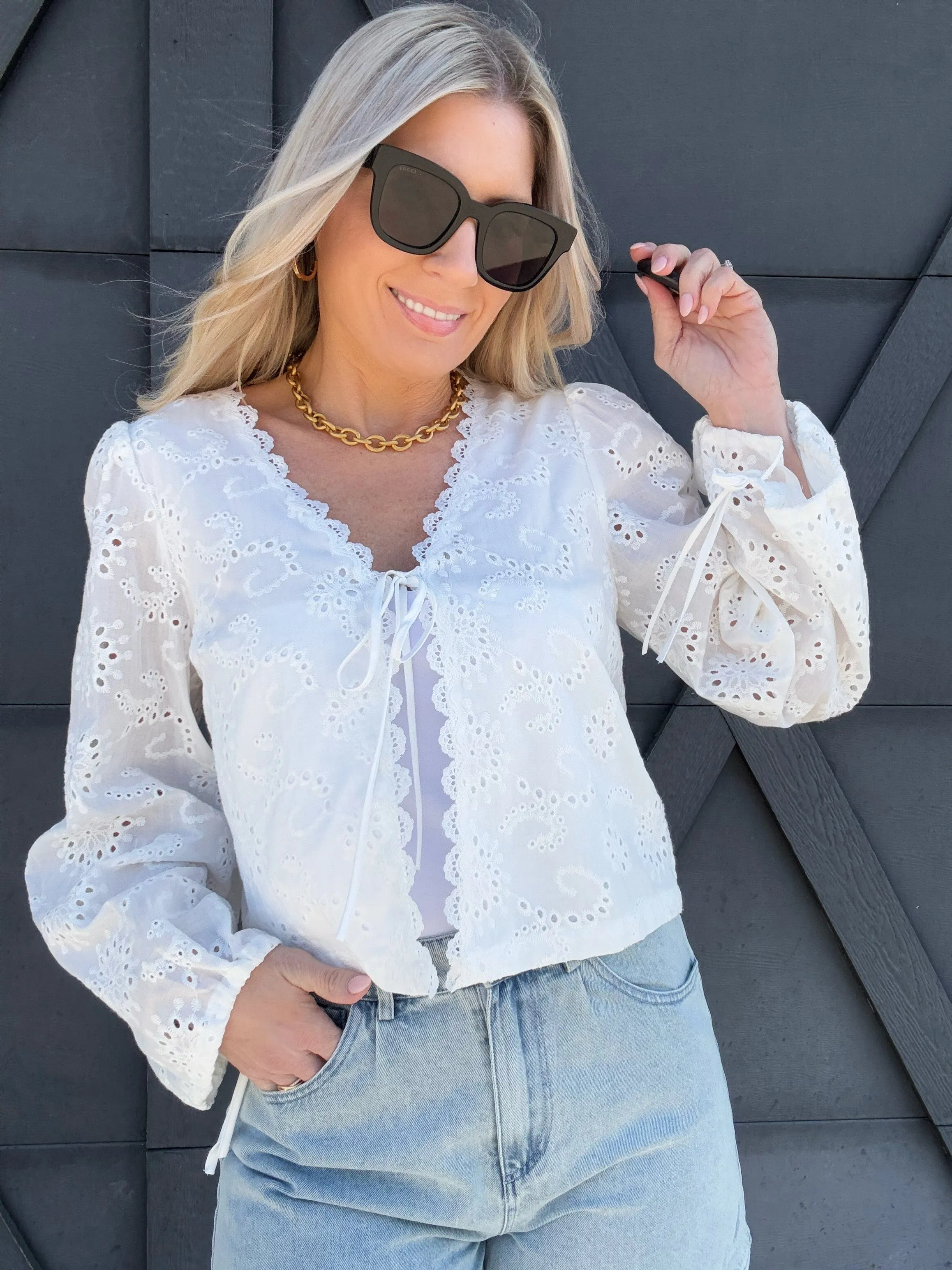 Floral Eyelet Tie Top In Off White