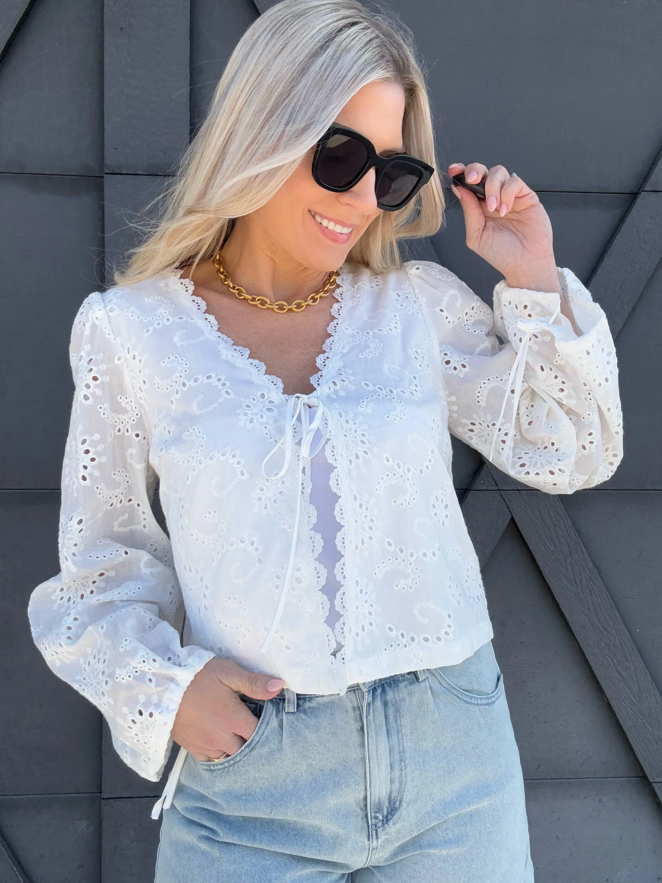 Floral Eyelet Tie Top In Off White