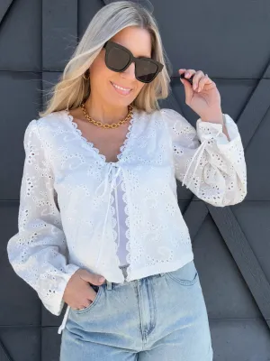 Floral Eyelet Tie Top In Off White