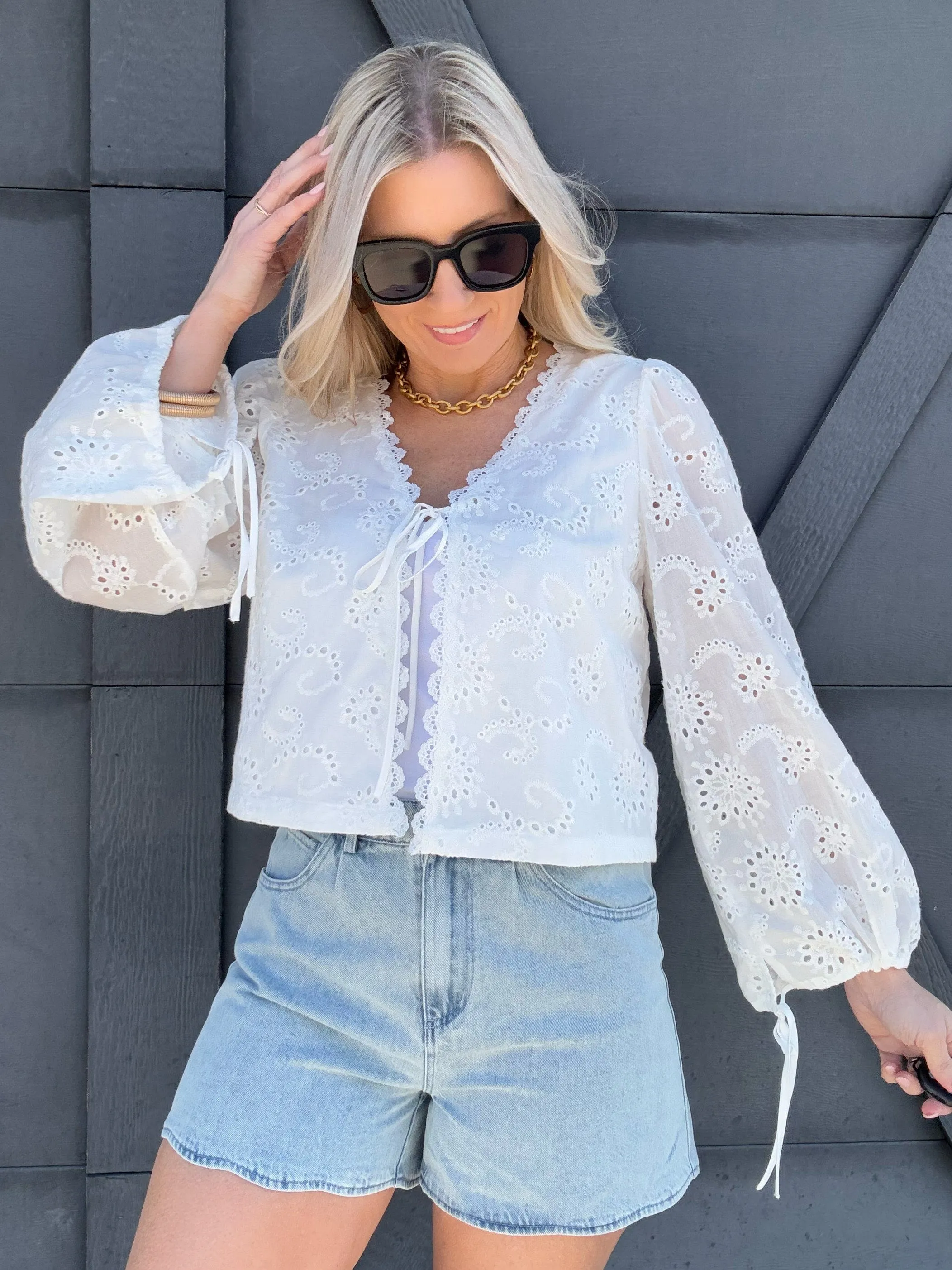 Floral Eyelet Tie Top In Off White