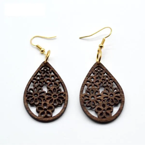 Flower Lattice Wooden Drop Earrings