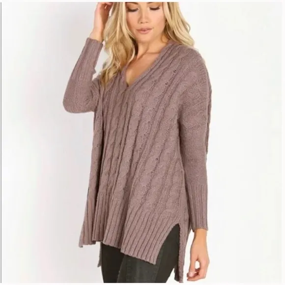 Free People Easy V Cable Mushroom Sweater