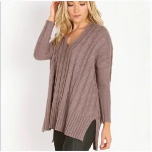 Free People Easy V Cable Mushroom Sweater