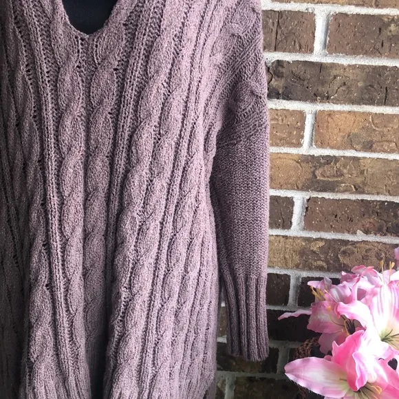 Free People Easy V Cable Mushroom Sweater