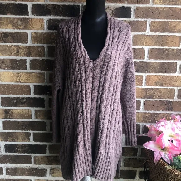 Free People Easy V Cable Mushroom Sweater