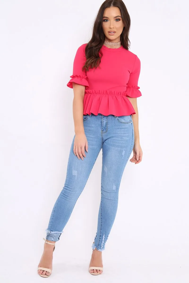 Fuchsia Peplum Frill Detail Top with Frill Sleeves - Gretta
