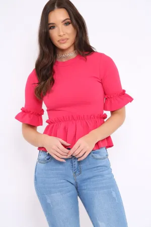 Fuchsia Peplum Frill Detail Top with Frill Sleeves - Gretta