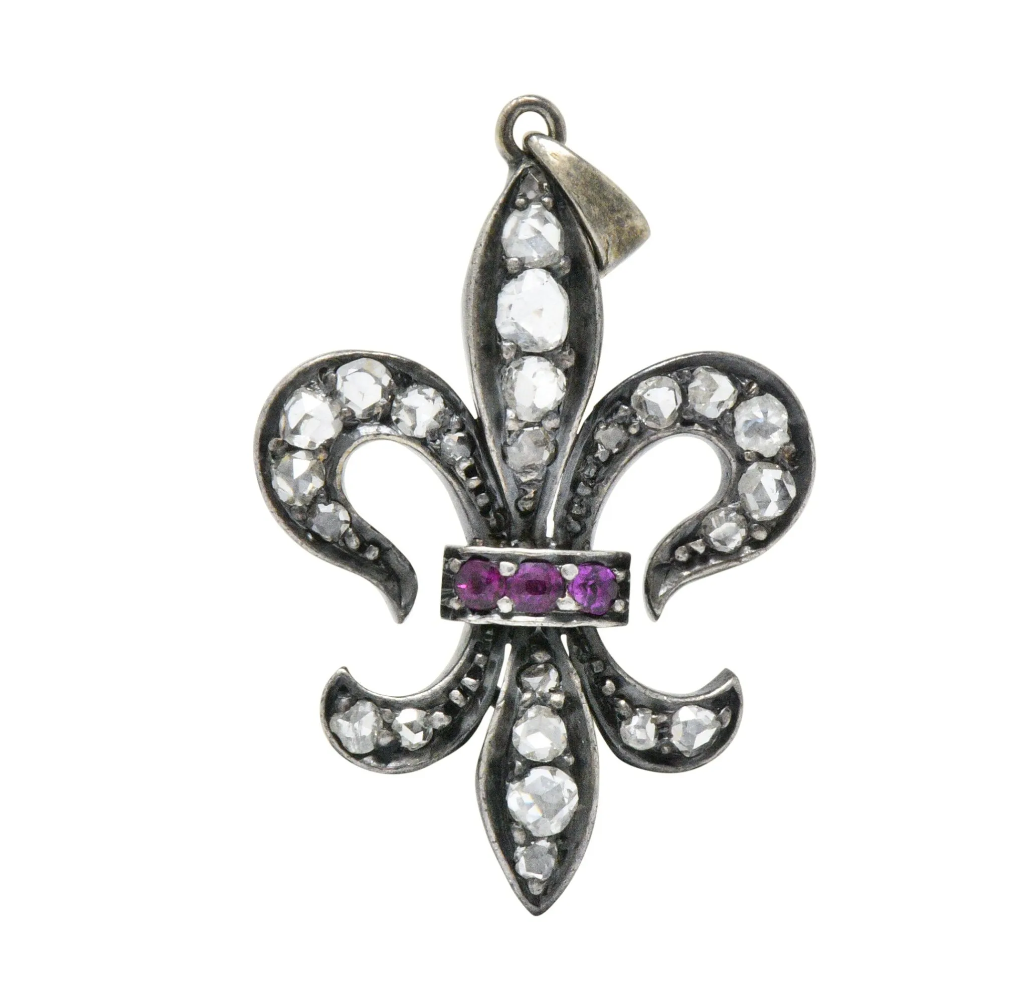 Georgian Silver-Topped Gold Diamond And Ruby Fleur-De-Lis Pendant
