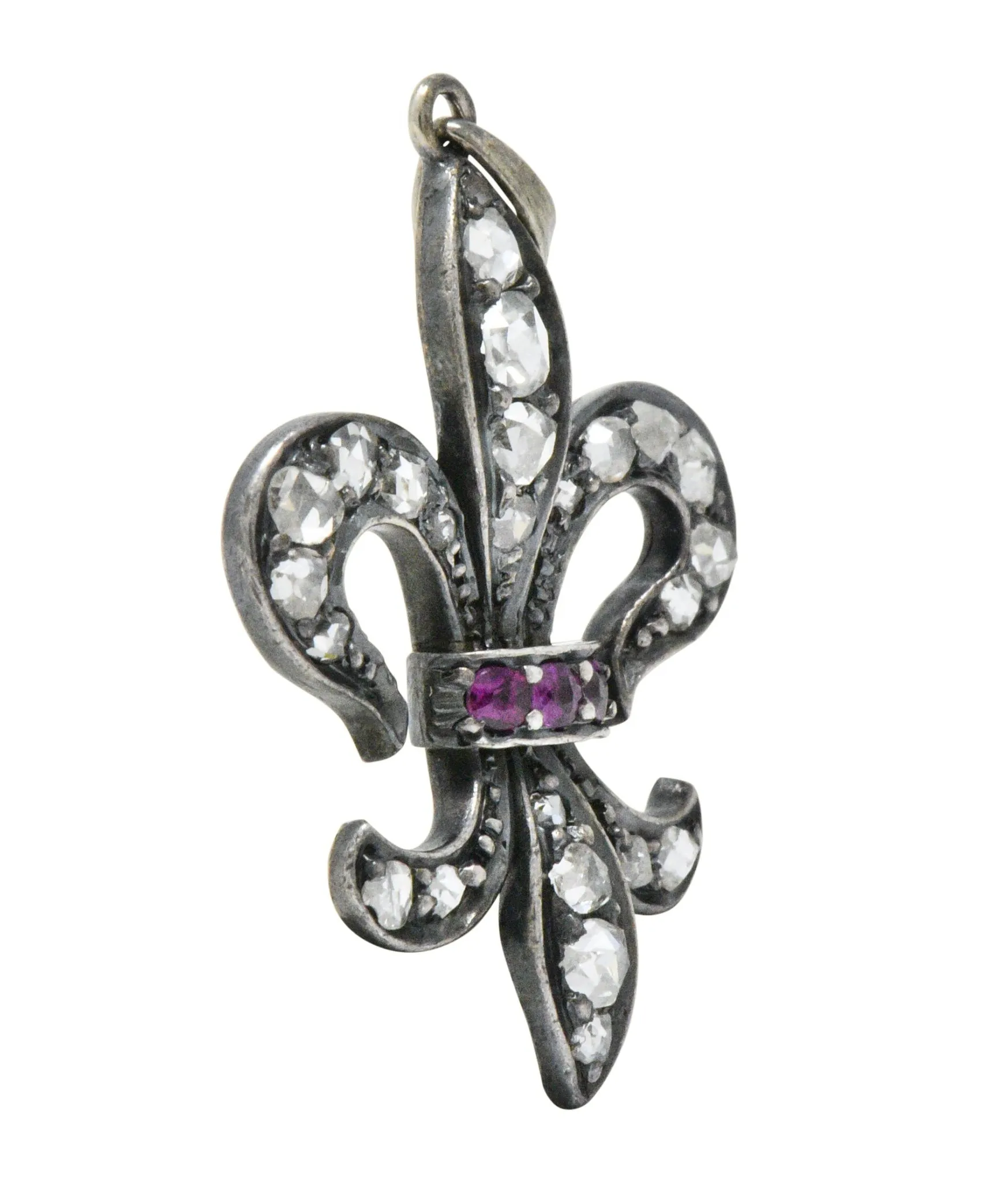 Georgian Silver-Topped Gold Diamond And Ruby Fleur-De-Lis Pendant