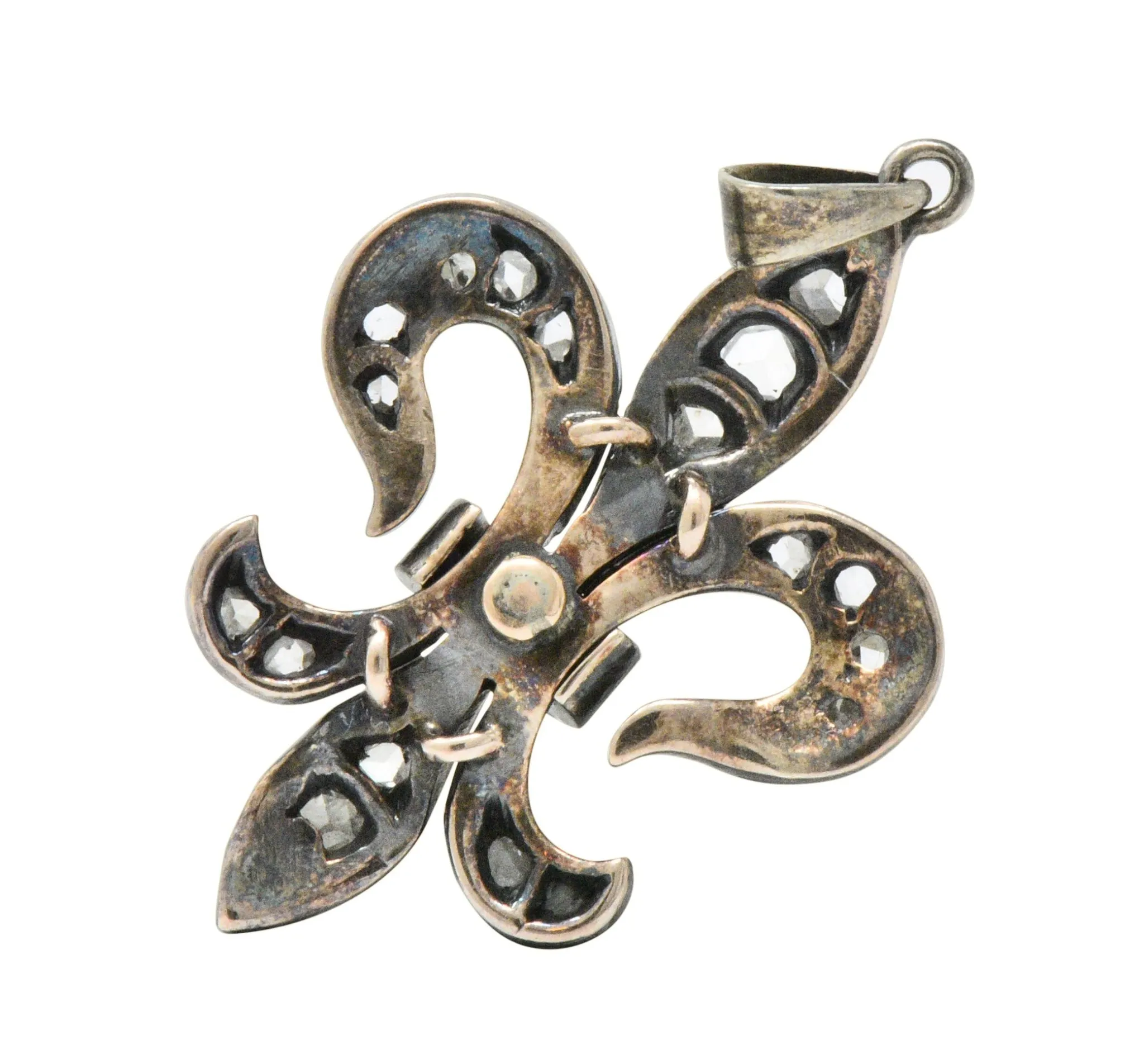 Georgian Silver-Topped Gold Diamond And Ruby Fleur-De-Lis Pendant