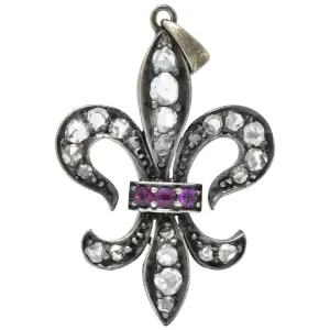 Georgian Silver-Topped Gold Diamond And Ruby Fleur-De-Lis Pendant