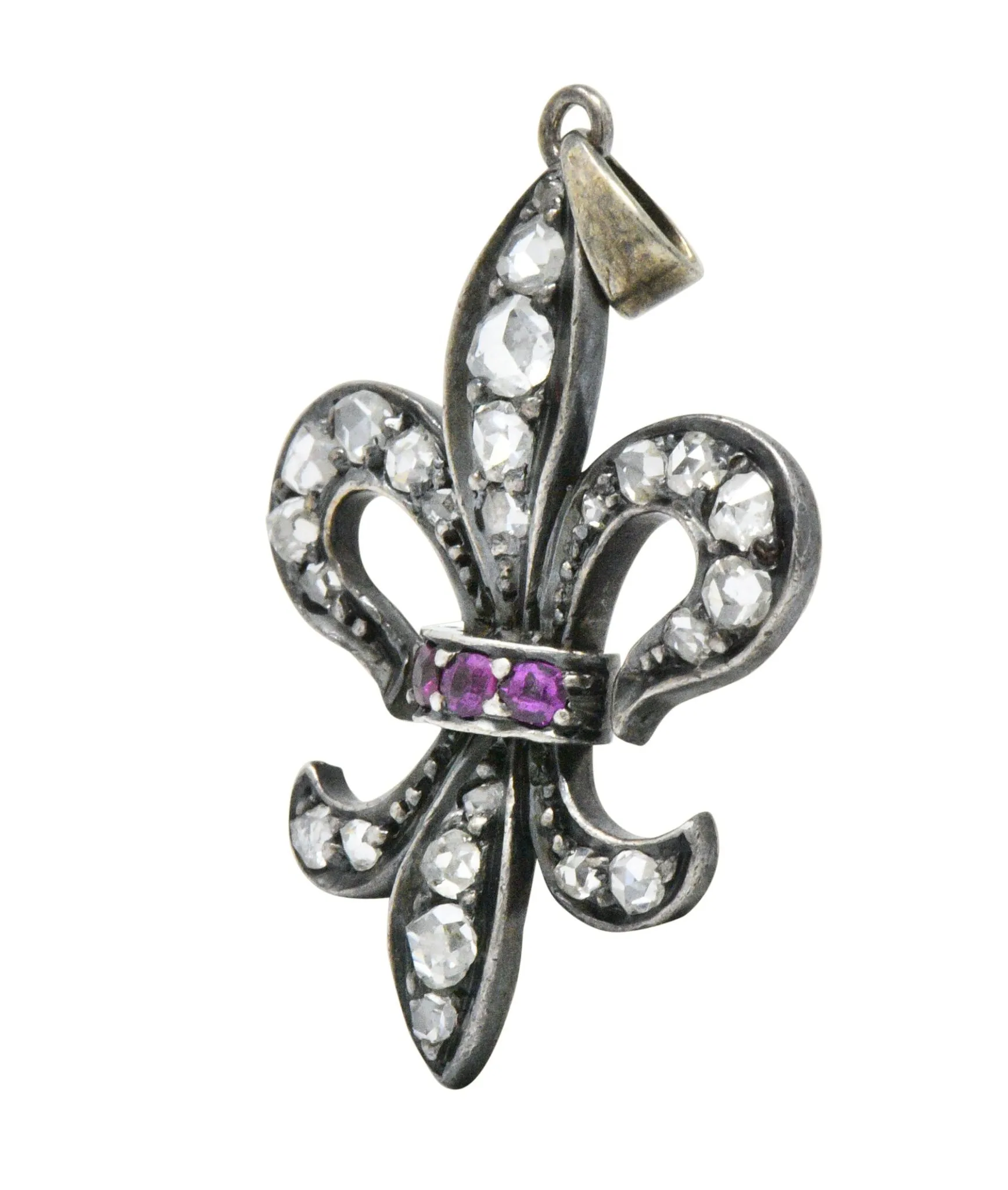 Georgian Silver-Topped Gold Diamond And Ruby Fleur-De-Lis Pendant