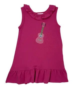 Girls Ruffle Neck Dress w/ Guitar - Hot Pink
