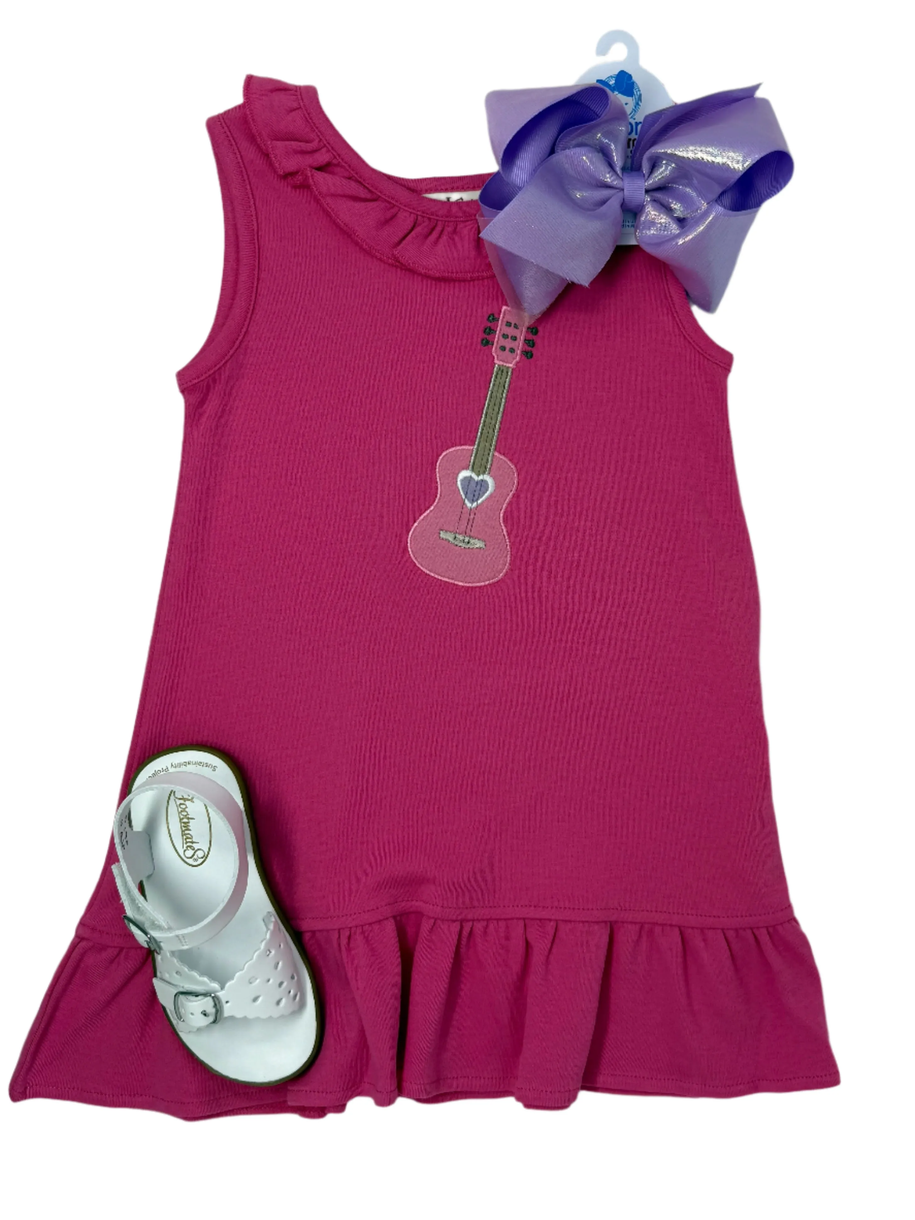 Girls Ruffle Neck Dress w/ Guitar - Hot Pink