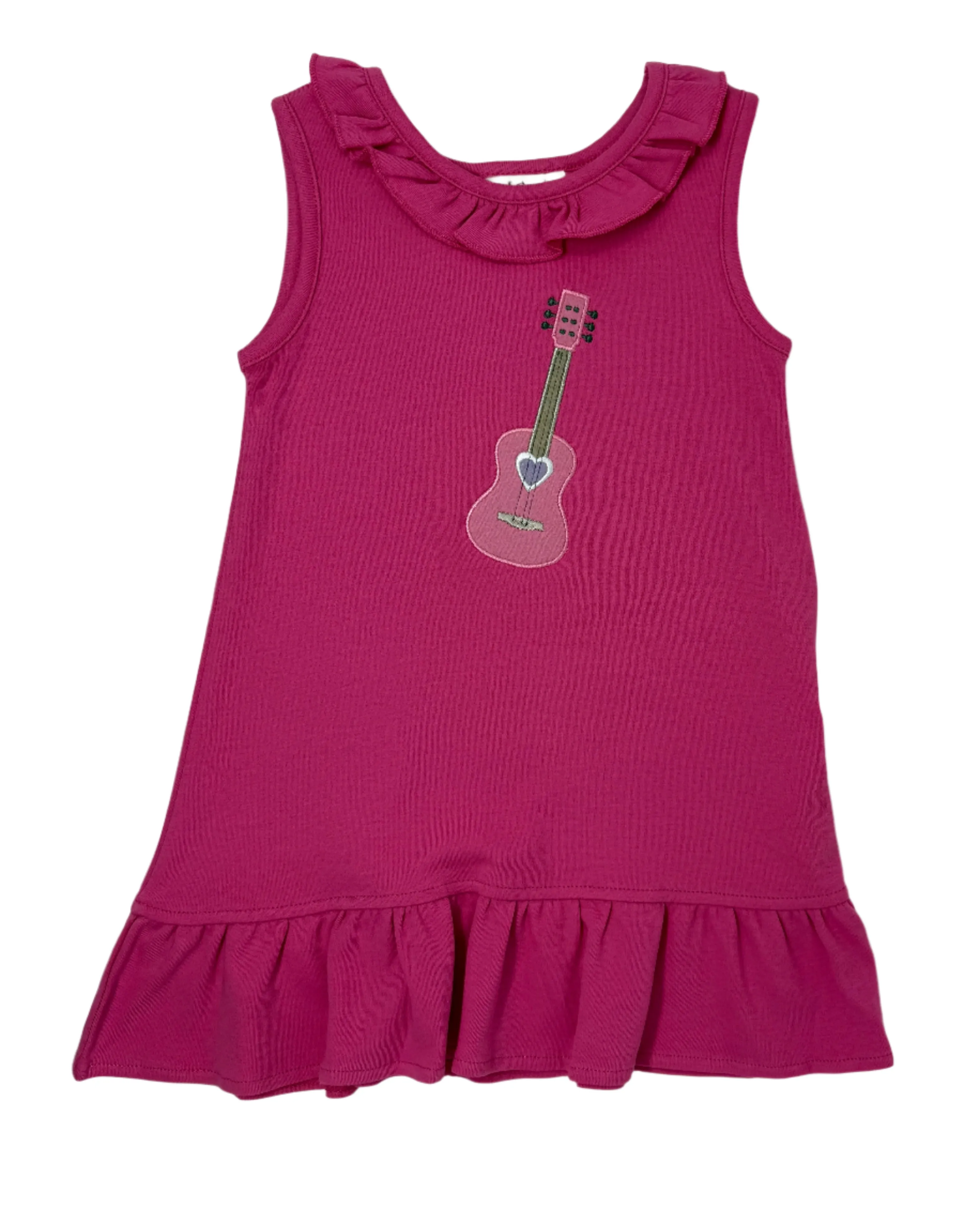 Girls Ruffle Neck Dress w/ Guitar - Hot Pink