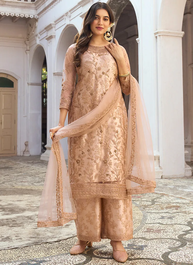 Golden Beige Embroidery Pakistani Pant Style Suit