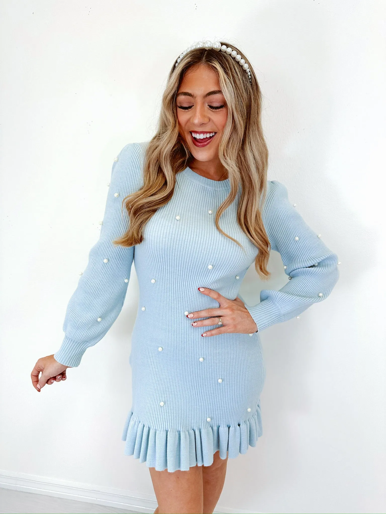 Gracefully Chic Embellished Mini Sweater Dress - Baby Blue