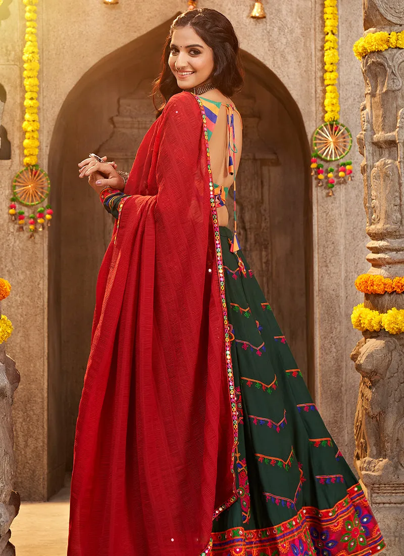 Green And Red Kutchi Embroidered Rajwadi Chaniya Choli