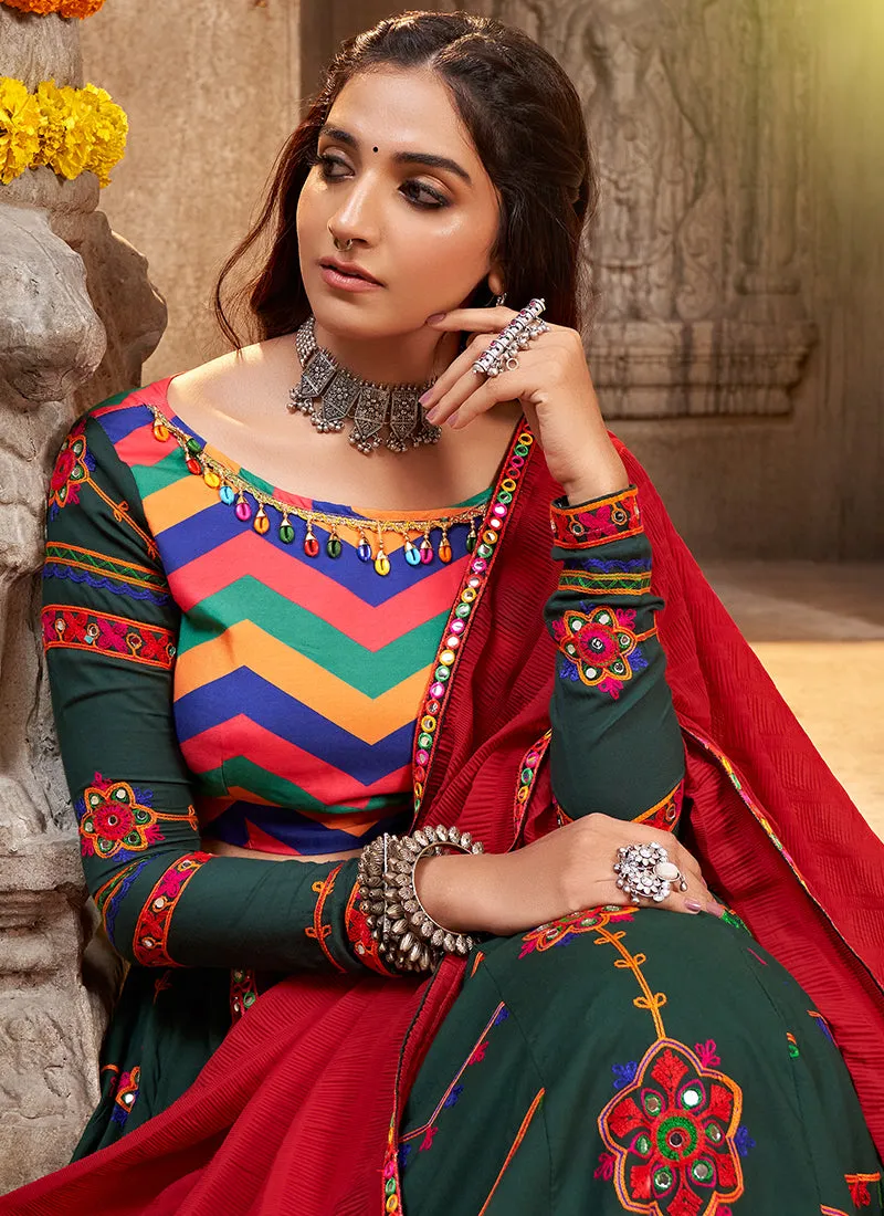 Green And Red Kutchi Embroidered Rajwadi Chaniya Choli