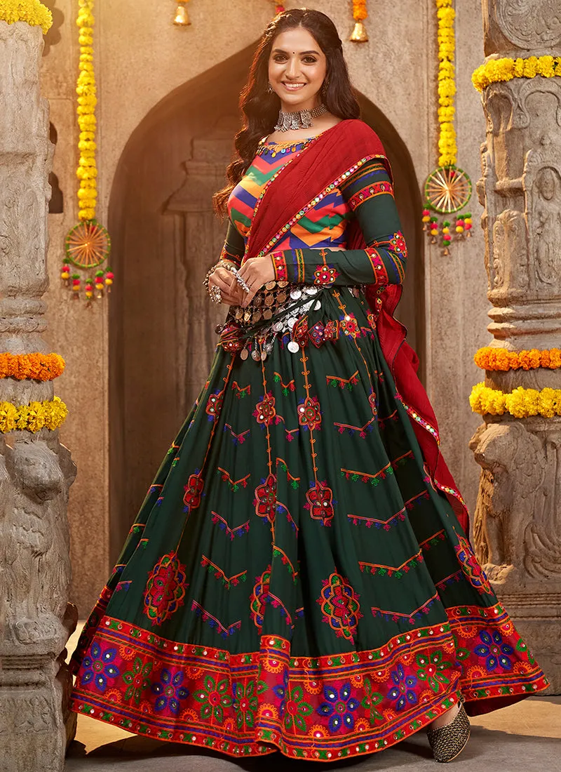Green And Red Kutchi Embroidered Rajwadi Chaniya Choli