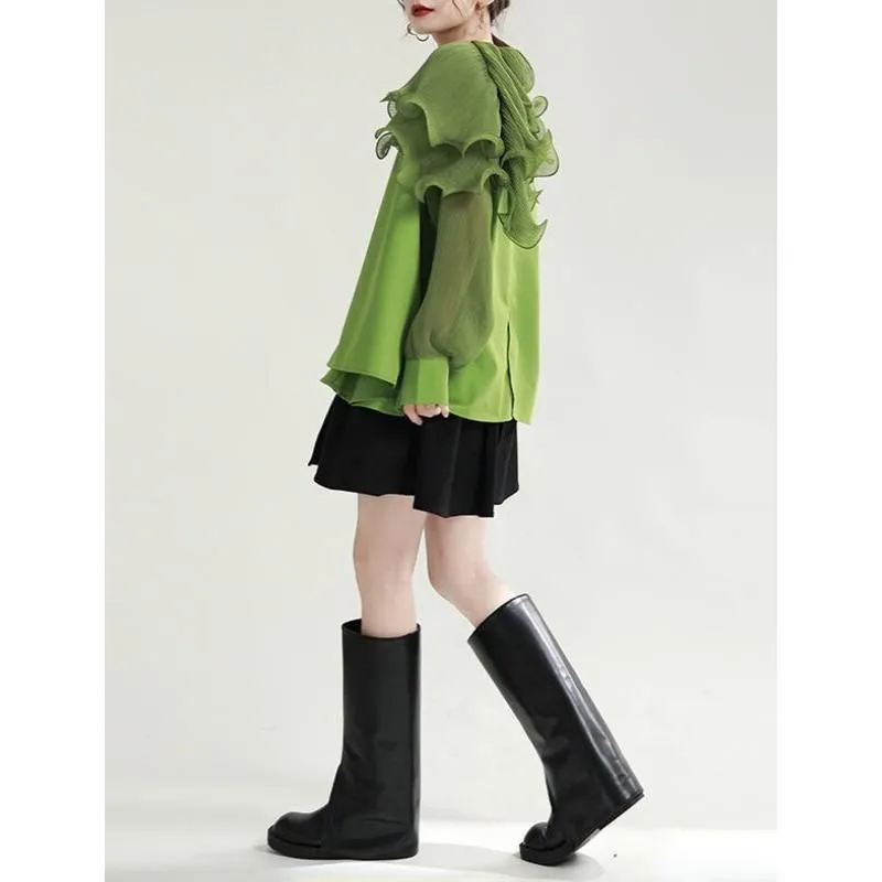 Green Pleated Belted Blouse