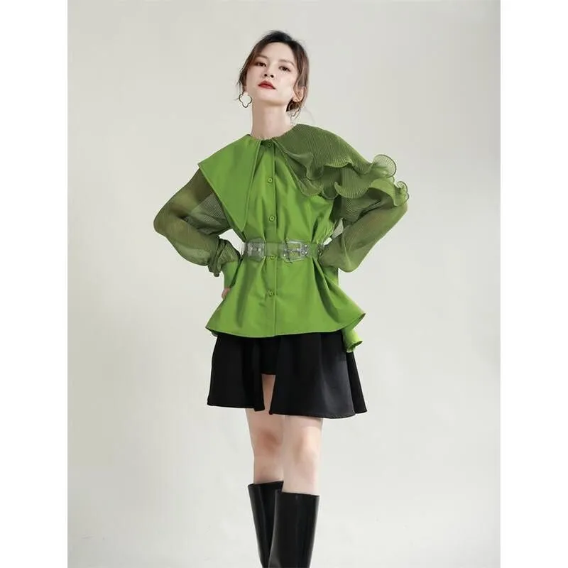 Green Pleated Belted Blouse