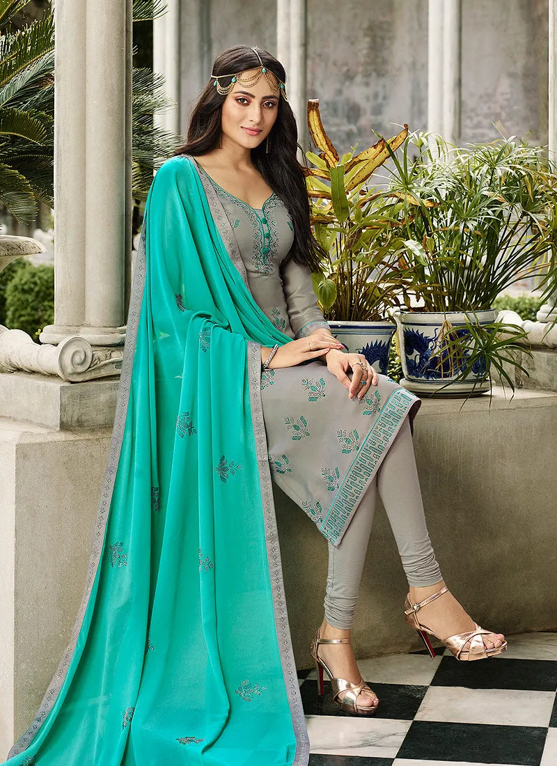 Grey And Blue Crystal Embroidered Churidar Suit