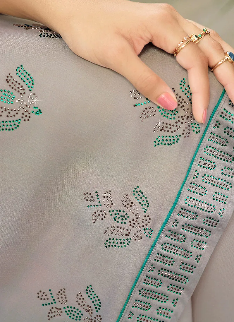Grey And Blue Crystal Embroidered Churidar Suit