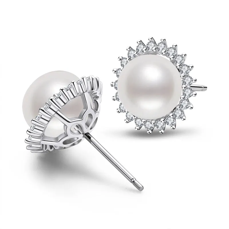 Halo White Pearl Stud Earrings