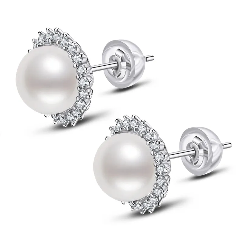 Halo White Pearl Stud Earrings