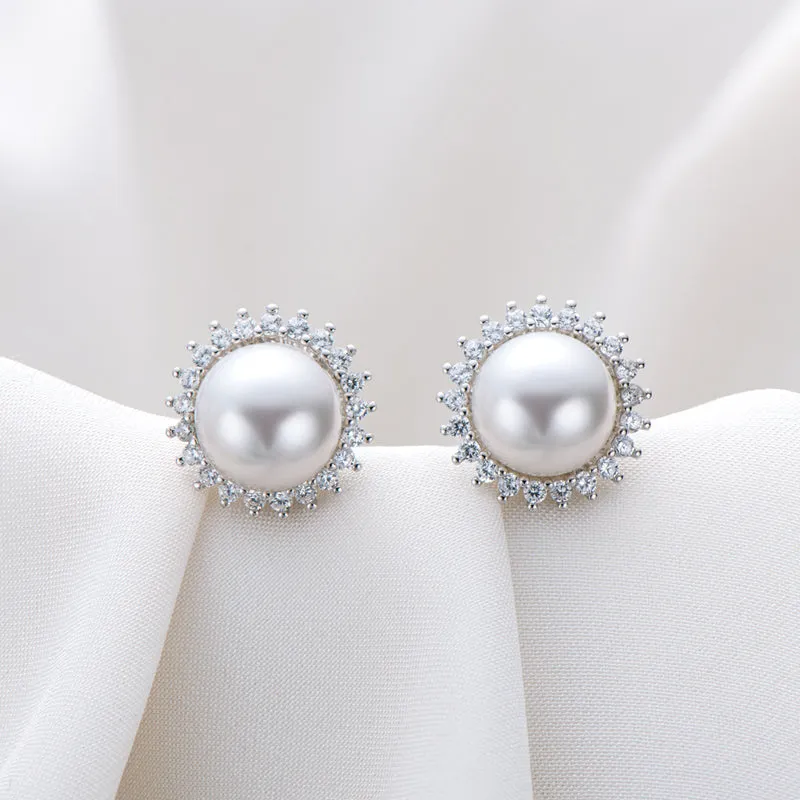 Halo White Pearl Stud Earrings