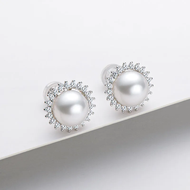 Halo White Pearl Stud Earrings