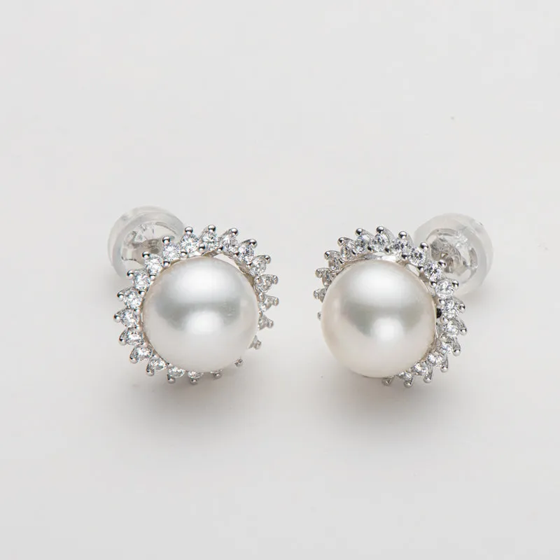Halo White Pearl Stud Earrings