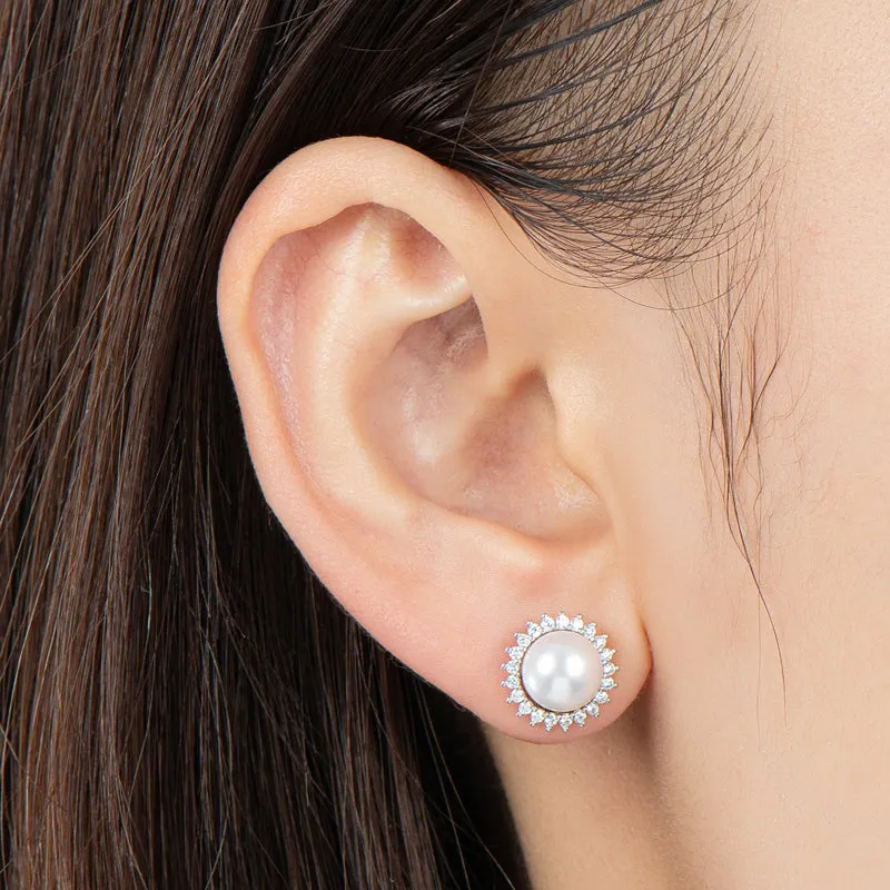 Halo White Pearl Stud Earrings