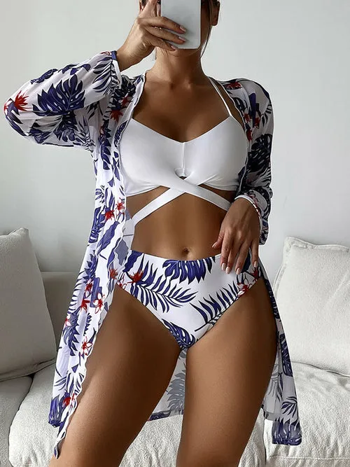 Halter Cross Lace-up Bikini   Mesh Long Sleeve Cover Up