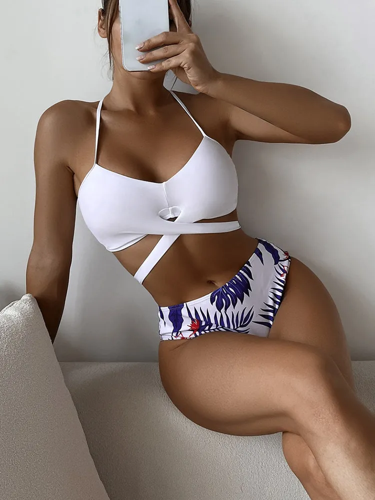 Halter Cross Lace-up Bikini   Mesh Long Sleeve Cover Up