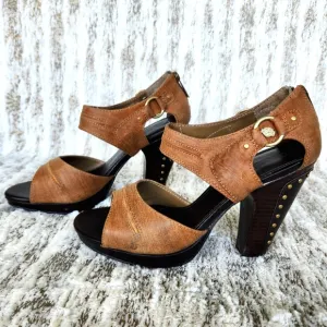 Harley Davidson &quot;Gillian&quot; Tan Leather Strappy Studded Heels | Women's Size 9