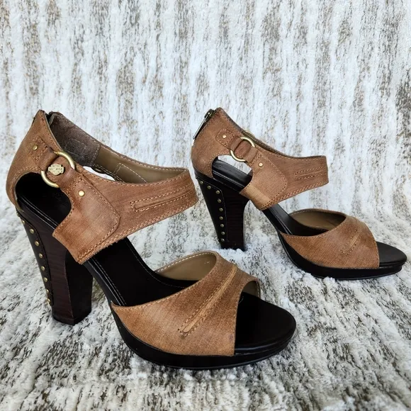 Harley Davidson &quot;Gillian&quot; Tan Leather Strappy Studded Heels | Women's Size 9