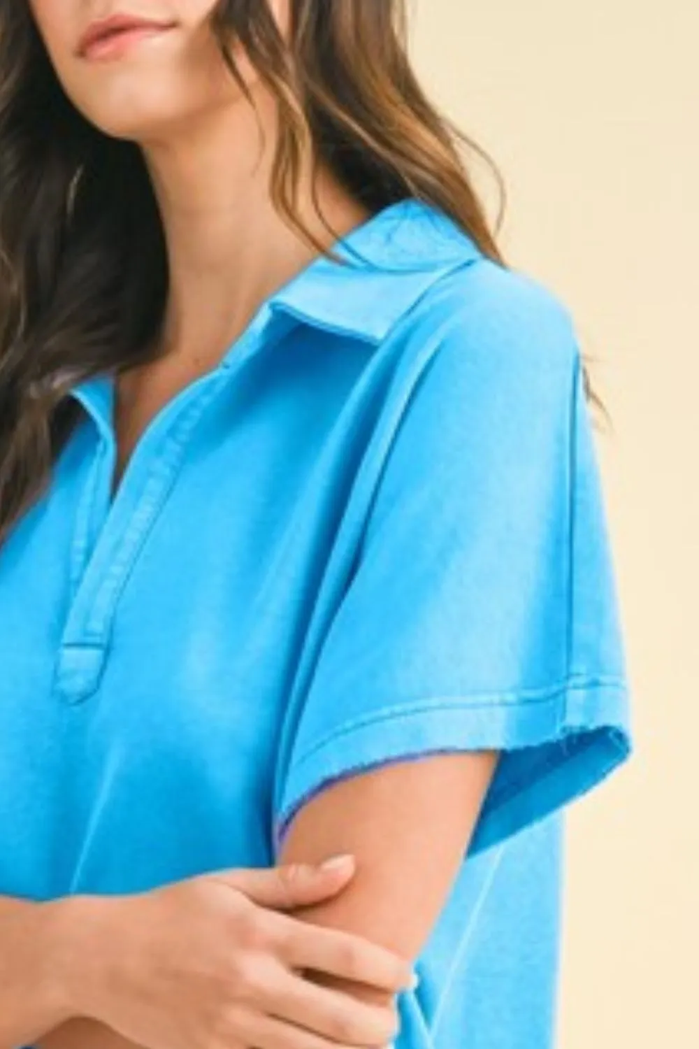 Hazel Blues® |  Annie Wear Mineral Washed Johnny Collar Short Sleeve Dress