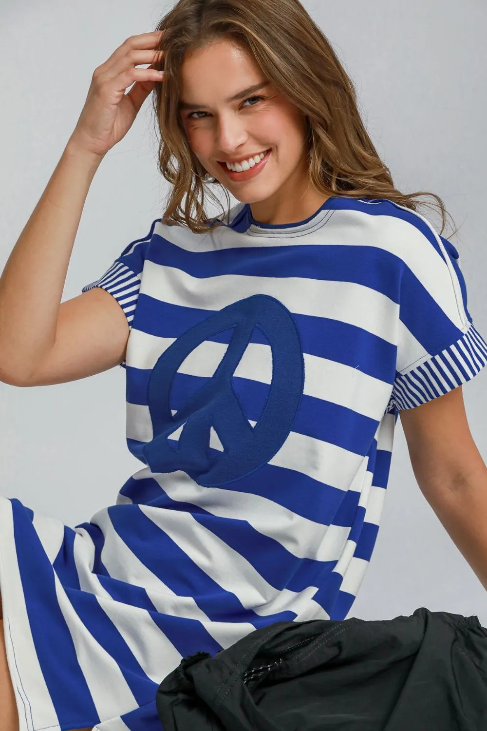 Hazel Blues® |  Umgee Peace Applique Striped Short Sleeve Mini Dress