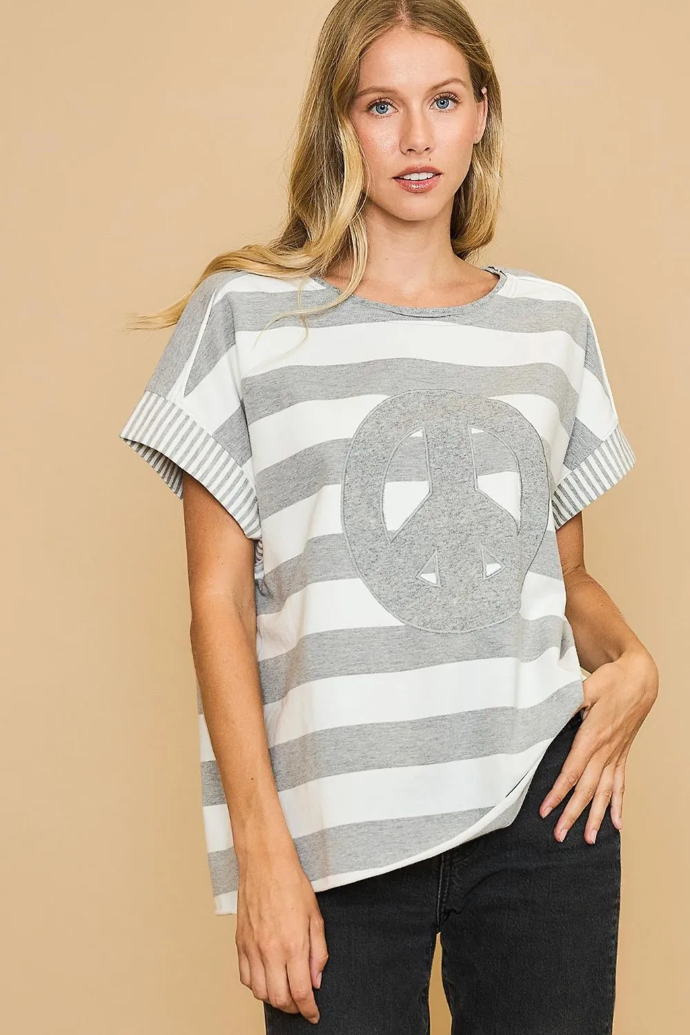 Hazel Blues® |  Umgee Peace Sign Patch Striped French Terry T-Shirt