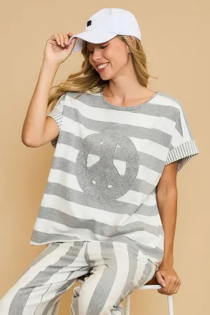 Hazel Blues® |  Umgee Peace Sign Patch Striped French Terry T-Shirt